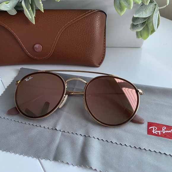 Ray-Ban Round Double Bridge Polished Arista Gold Women's Sunglasses - Picture 8 of 11